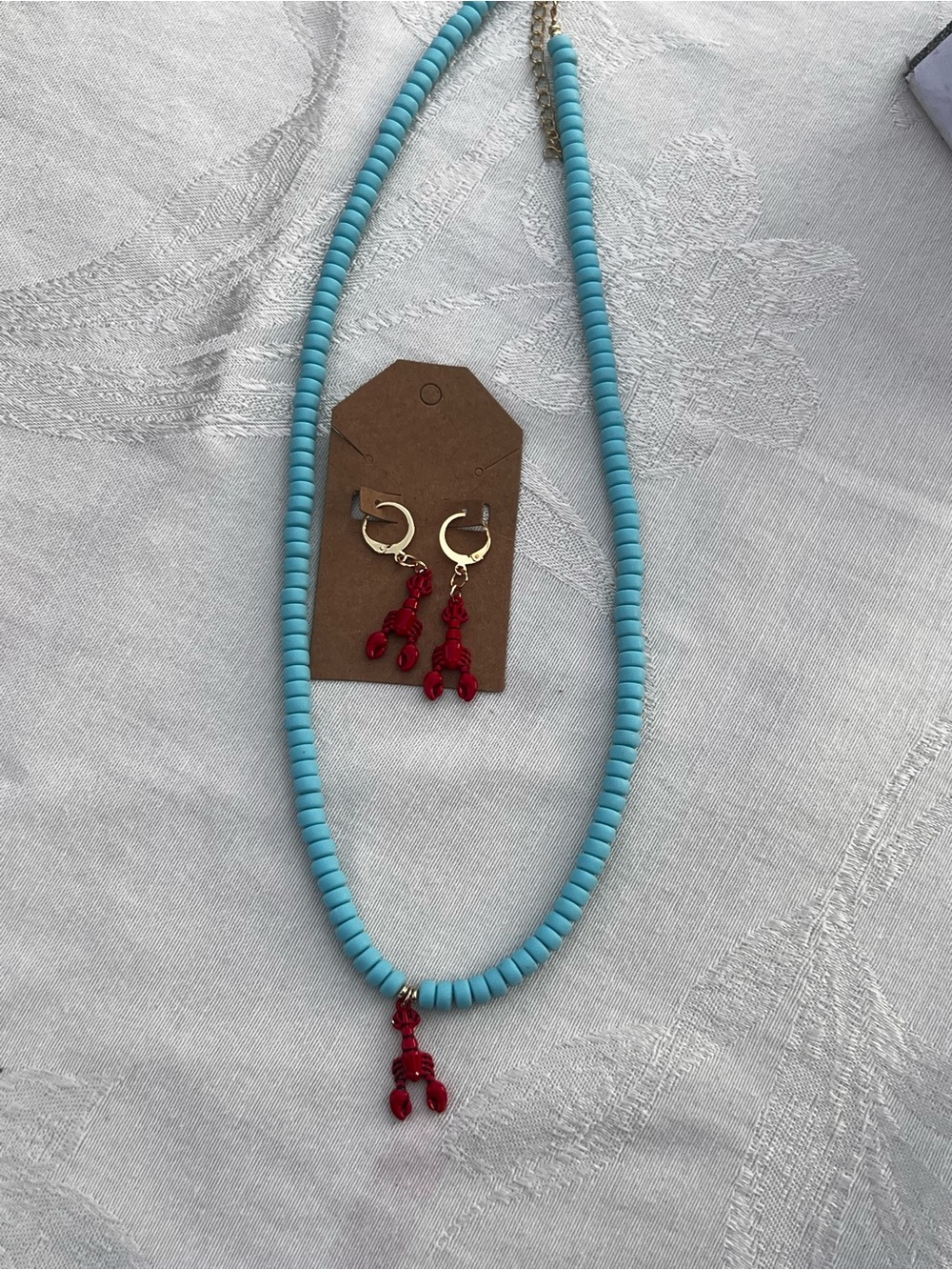 Lobster Beaded Necklace with Red Accent Pendant and Earrings - Unbranded